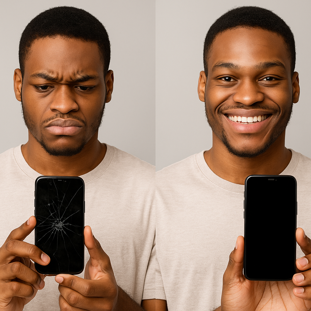 Buy & Sell Samsung and iPhone Screens in Nigeria | Screen Hunter Recycle Customer smiling after successful phone screen repair